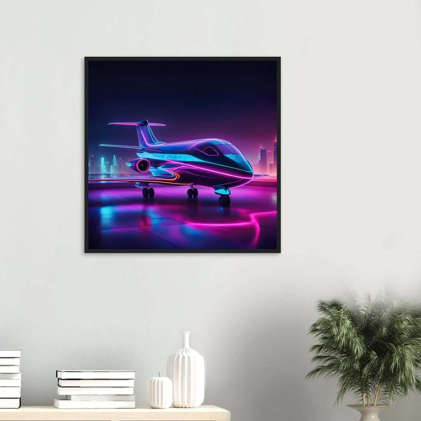 Gerahmtes Premium-Poster -Futuristisches Flugzeug- Neon Stil, KI-Kunst - RolConArt, Neon,