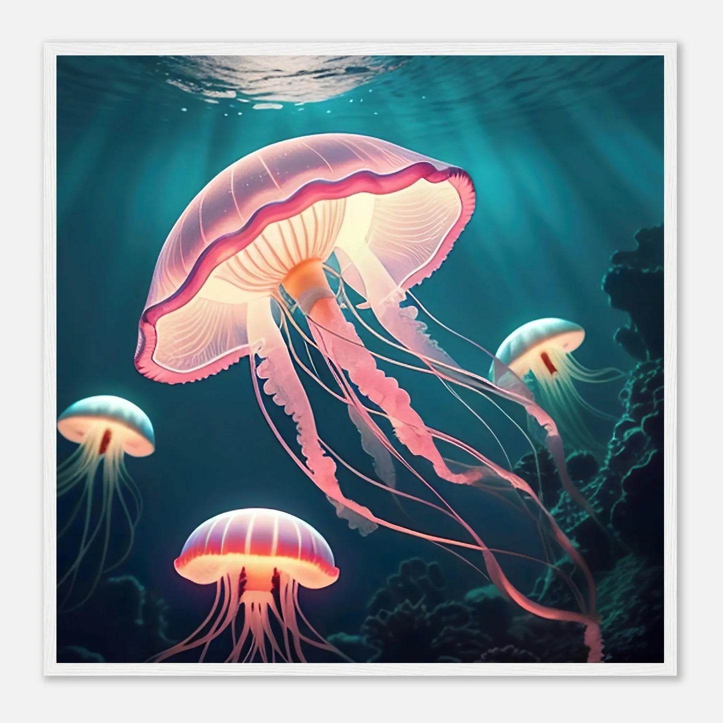 Gerahmtes Premium-Poster - Quallen - Digitaler Stil, KI-Kunst - RolConArt, Unterwasserlandschaften, 70x70-cm-28x28-Weißer-Rahmen