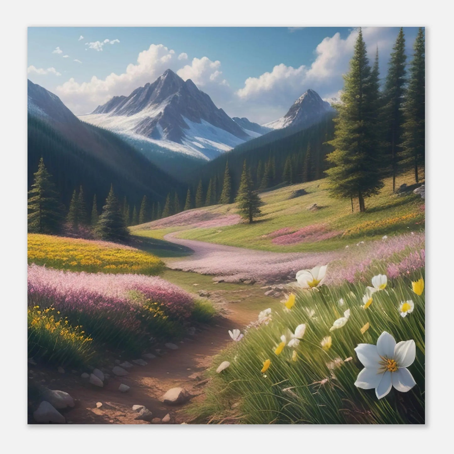 Moderner Forex-Druck - Blühende Berglandschaft - Foto Stil, KI-Kunst - RolConArt,  Landschaften,