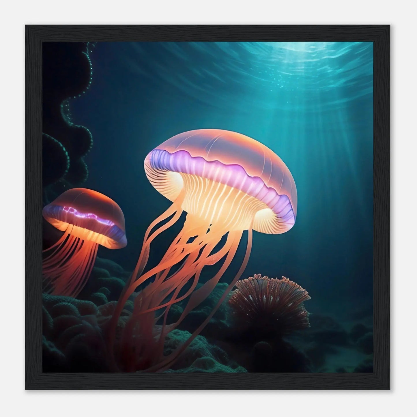 Gerahmtes Premium-Poster - Quallen - Digitaler Stil, KI-Kunst - RolConArt, Unterwasserlandschaften, 30x30-cm-12x12-Schwarzer-Rahmen