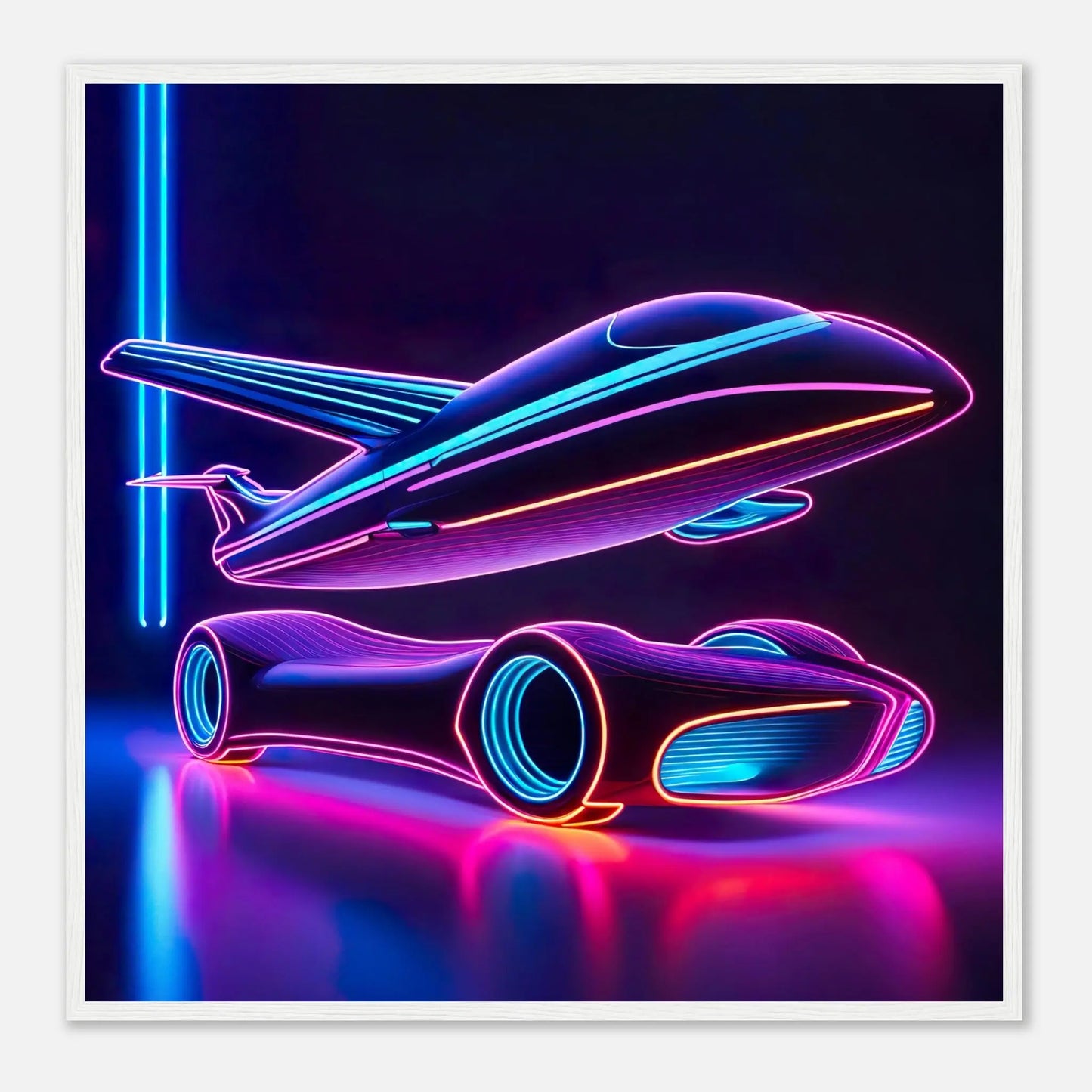 Gerahmtes Premium-Poster -Futuristisches Fahrzeug- Neon Stil, KI-Kunst - RolConArt, Neon, 70x70-cm-28x28-Weißer-Rahmen