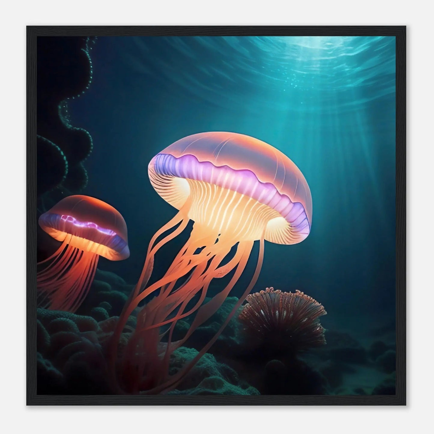 Gerahmtes Premium-Poster - Quallen - Digitaler Stil, KI-Kunst - RolConArt, Unterwasserlandschaften, 50x50-cm-20x20-Schwarzer-Rahmen