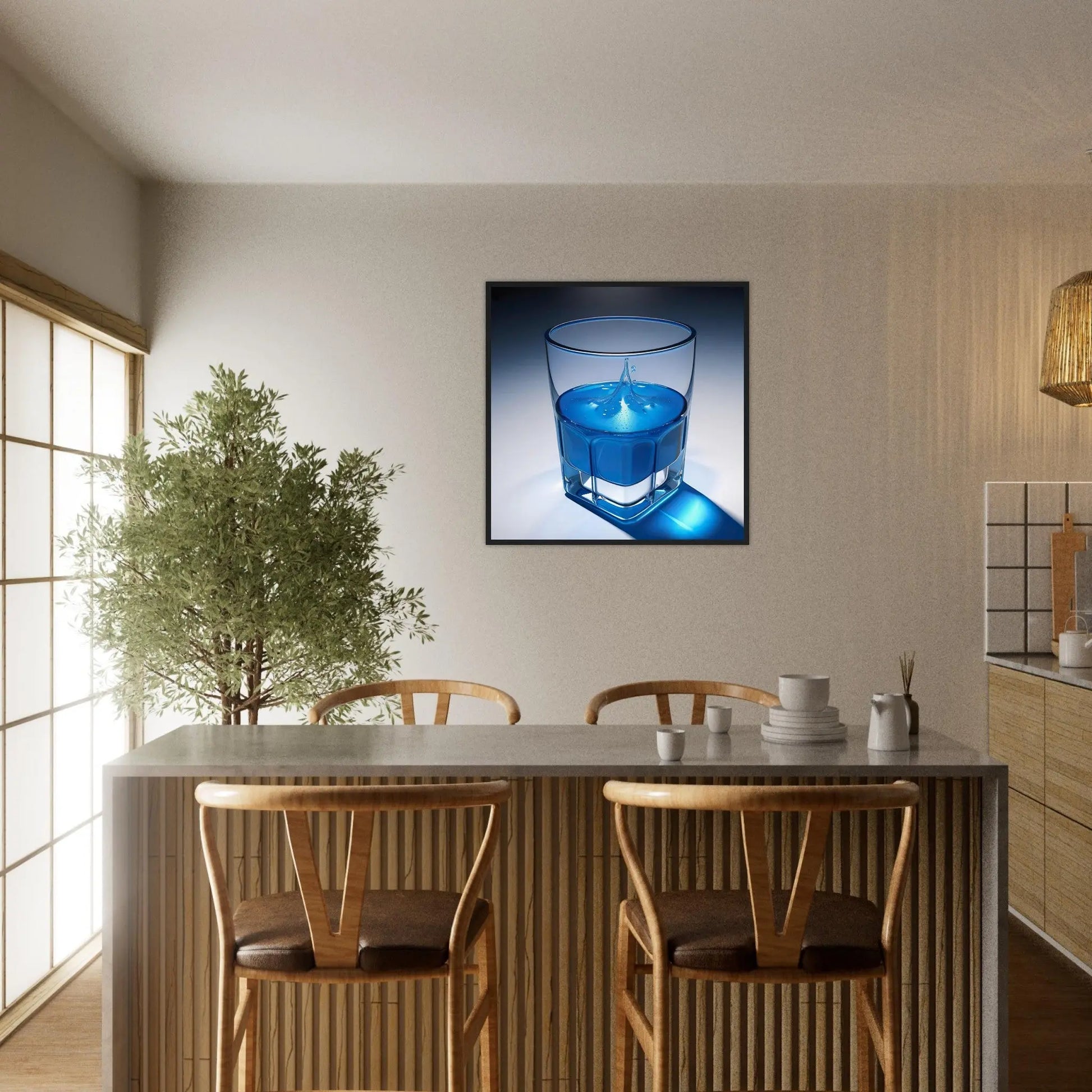 Gerahmtes Premium-Poster - Glas mit blauem Trank - Foto Stil, KI-Kunst - RolConArt, Kreative Vielfalt,