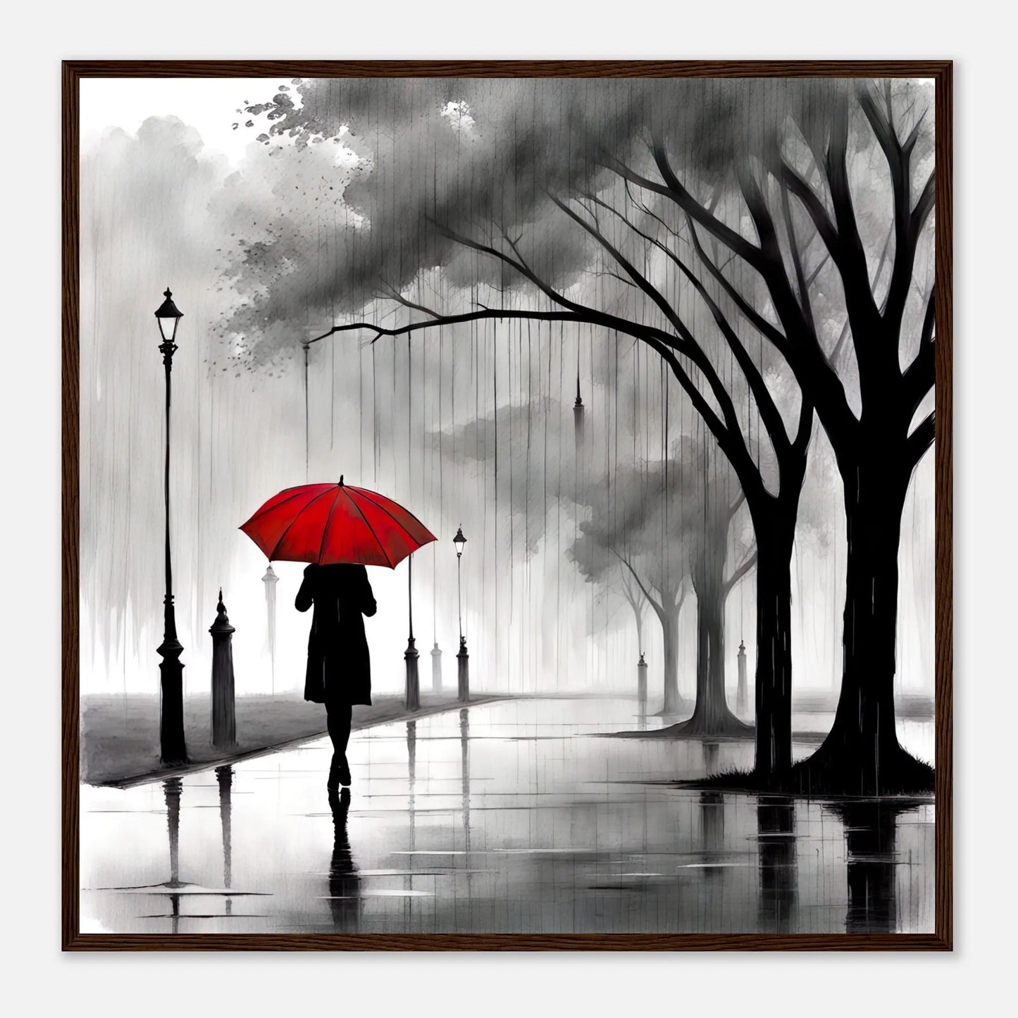 Gerahmtes Premium-Poster - Frau im Park - Schwarz-Weiß, KI-Kunst - RolConArt, Schwarz-Weiß mit Akzentfarben, 70x70-cm-28x28-Dunkler-Holzrahmen