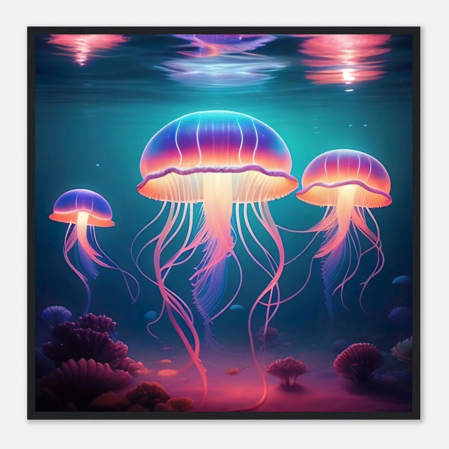Gerahmtes Premium-Poster - Quallen - Digitaler Stil, KI-Kunst - RolConArt, Unterwasserlandschaften, 70x70-cm-28x28-Schwarzer-Rahmen