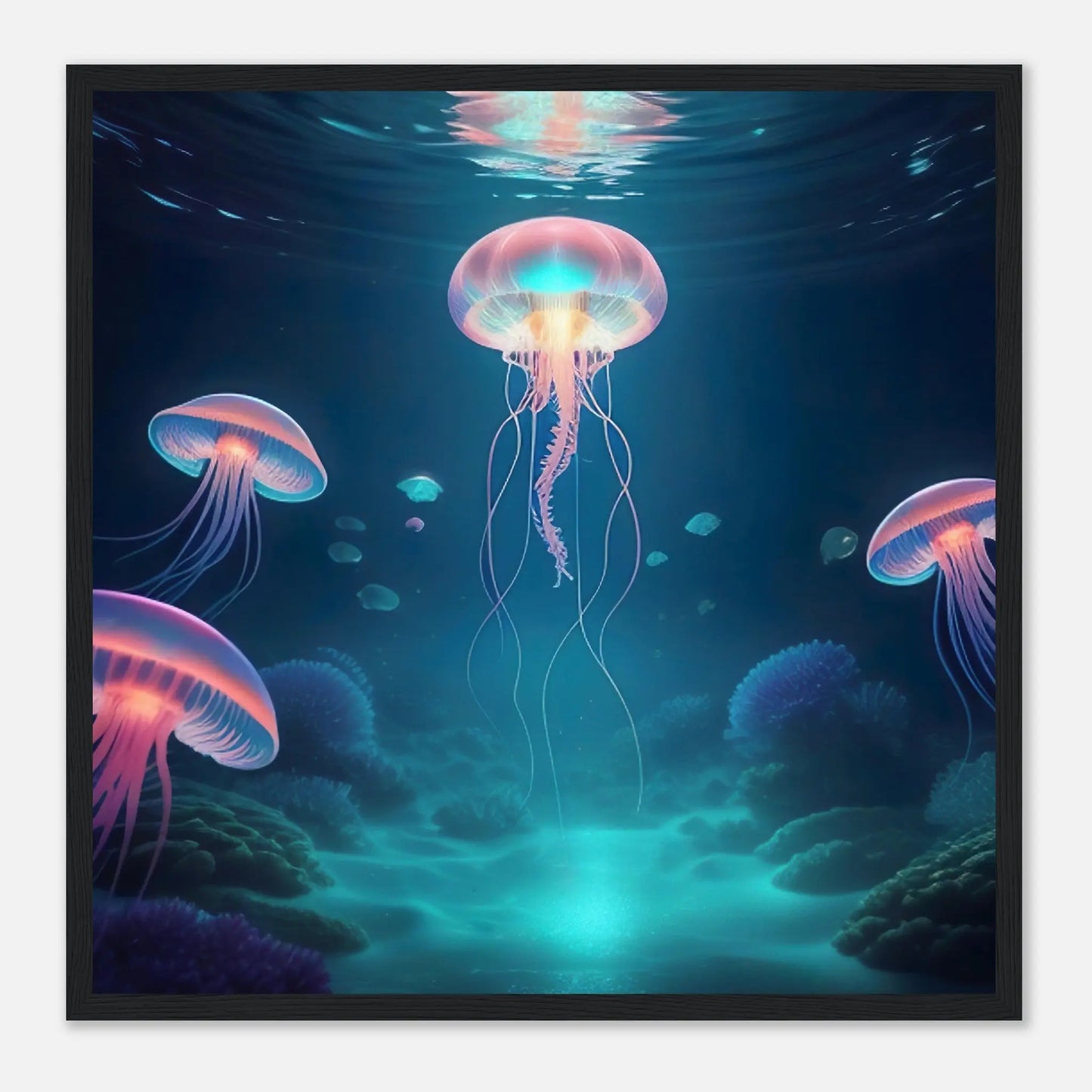Gerahmtes Premium-Poster - Quallen - Digitaler Stil, KI-Kunst - RolConArt, Unterwasserlandschaften, 50x50-cm-20x20-Schwarzer-Rahmen