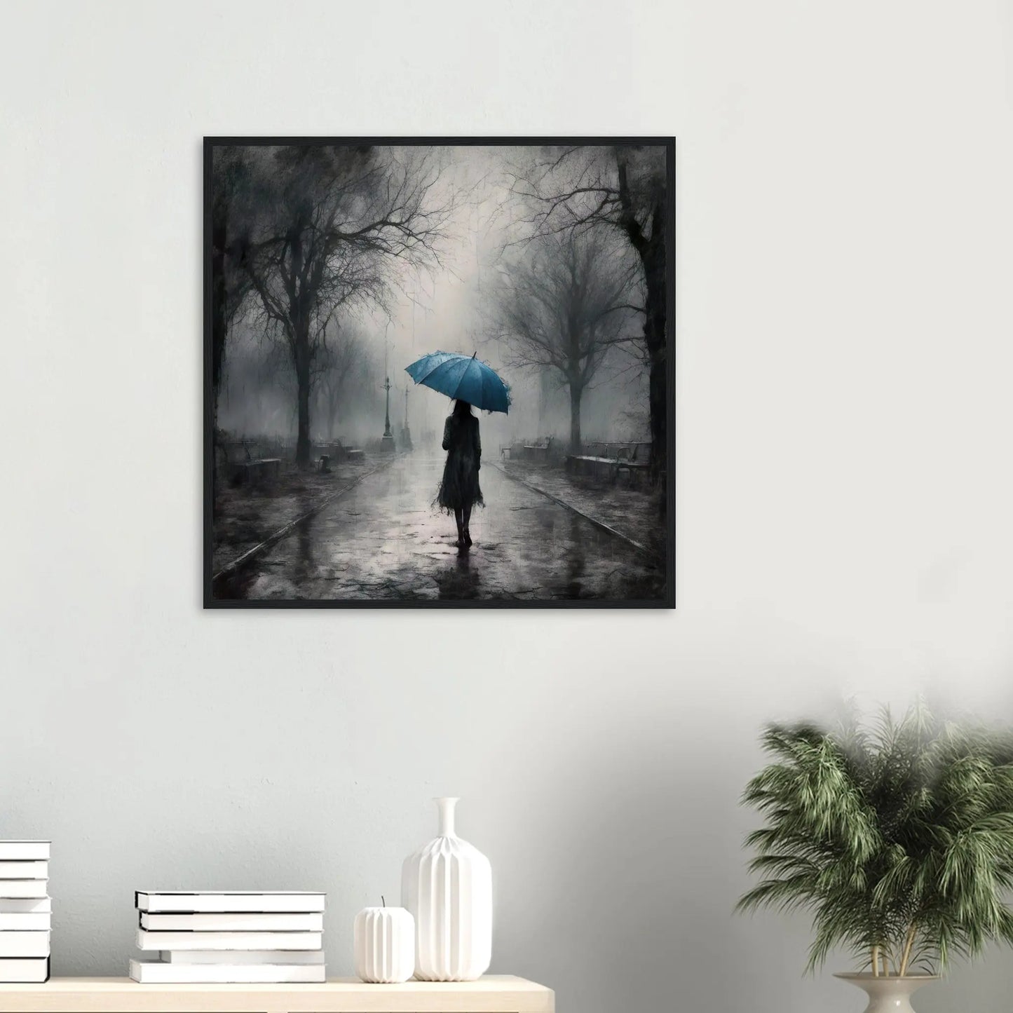 Gerahmtes Premium-Poster - Frau im Park - Schwarz-Weiß, KI-Kunst - RolConArt, Schwarz-Weiß mit Akzentfarben,