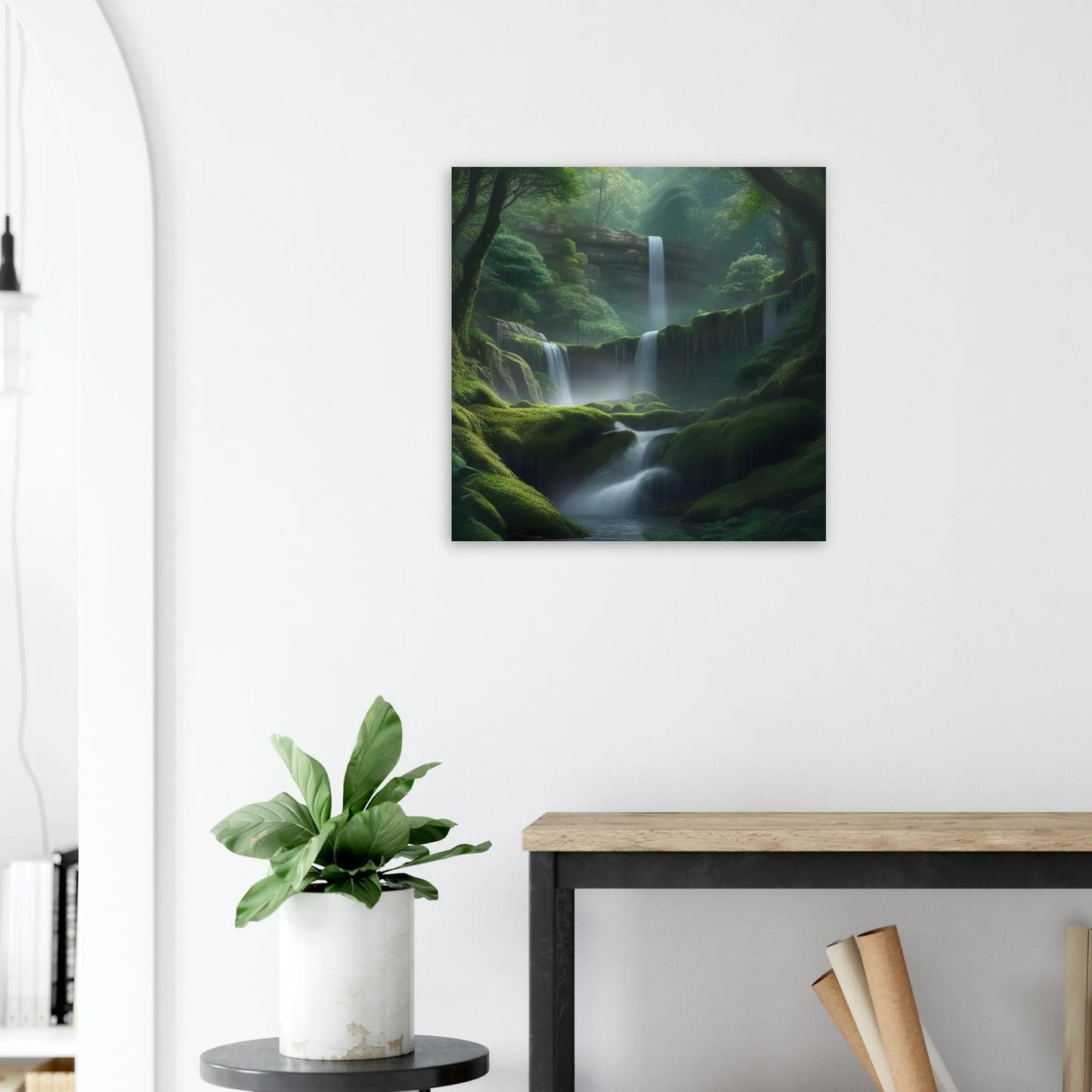 Moderner Forex-Druck - Wasserfälle im Wald - Foto Stil, KI-Kunst - RolConArt, Landschaften, 60x60-cm-24x24-Weiß