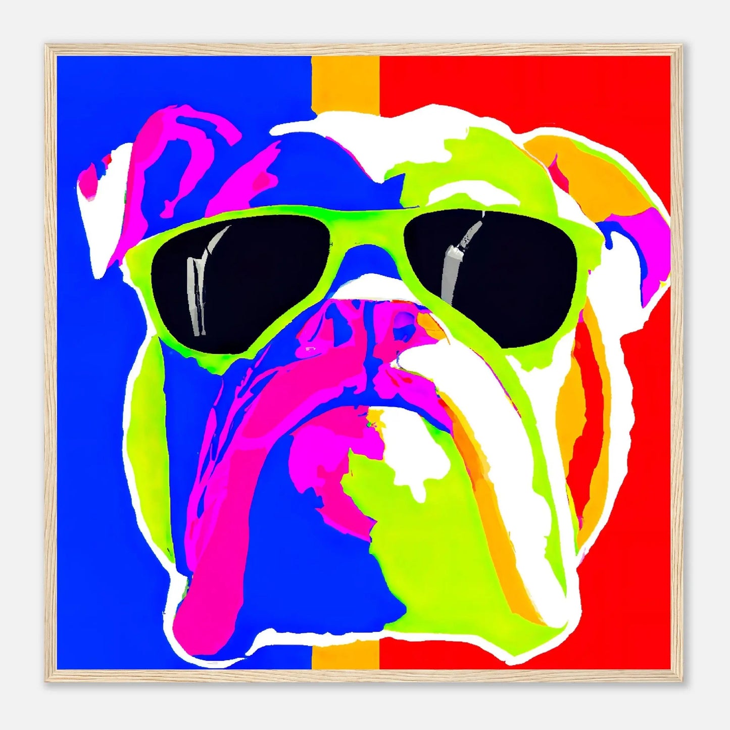 Gerahmtes Premium-Poster - Englische Bulldogge - Pop Art Stil, KI-Kunst - RolConArt, Pop Art - Tiere, 70x70-cm-28x28-Holz