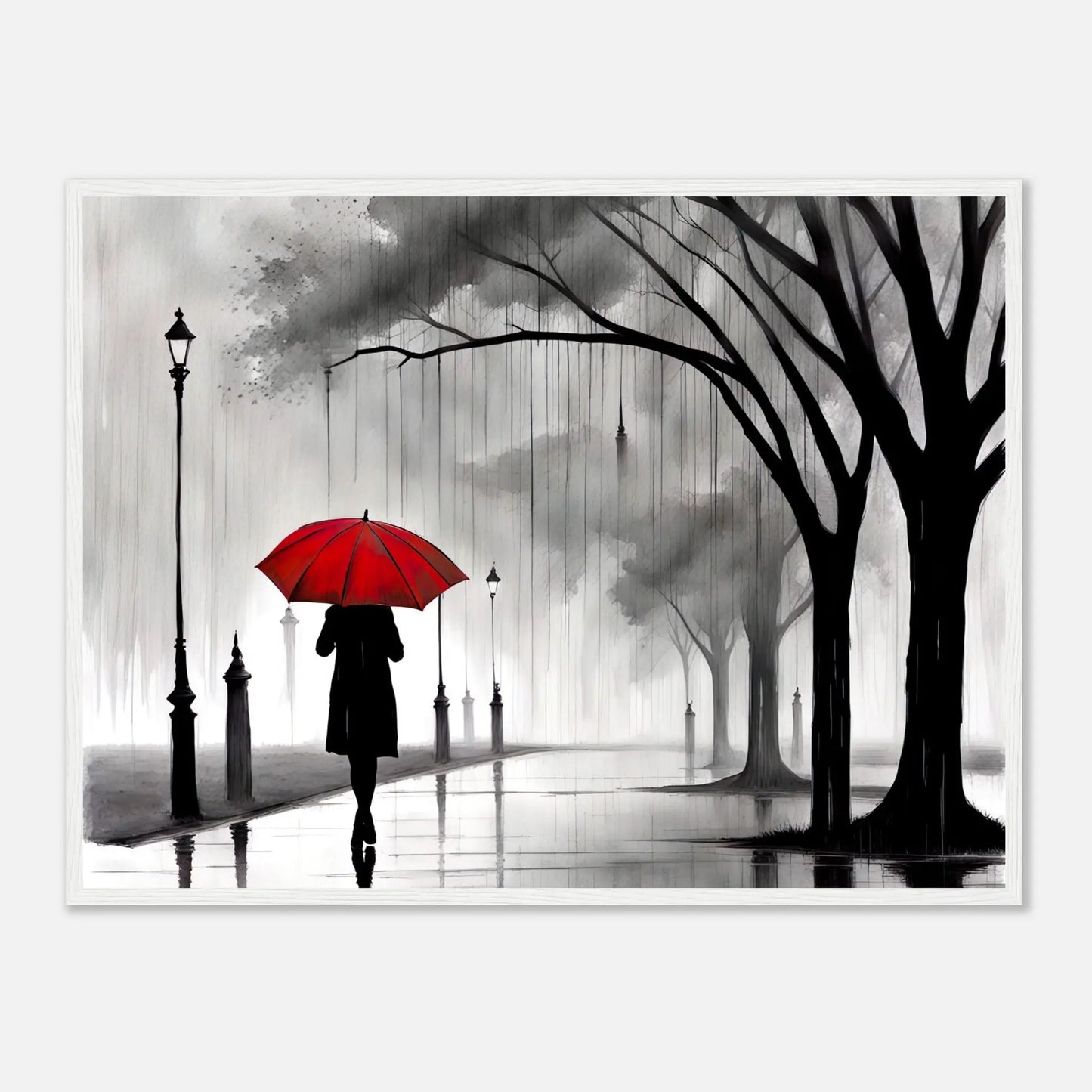 Gerahmtes Premium-Poster - Frau im Park - Schwarz-Weiß, KI-Kunst - RolConArt, Schwarz-Weiß mit Akzentfarben, 60x80-cm-24x32-Weißer-Rahmen