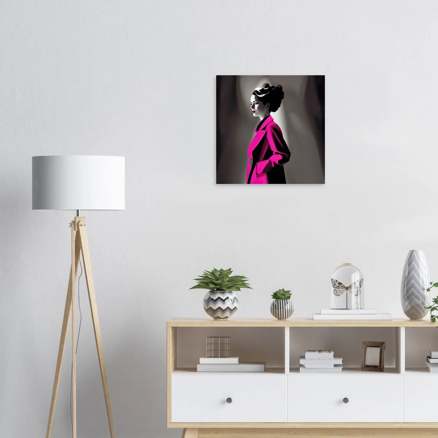Moderner Forex-Druck - Frau im rosa Mantel - Schwarz-Weiß, KI-Kunst RolConArt
