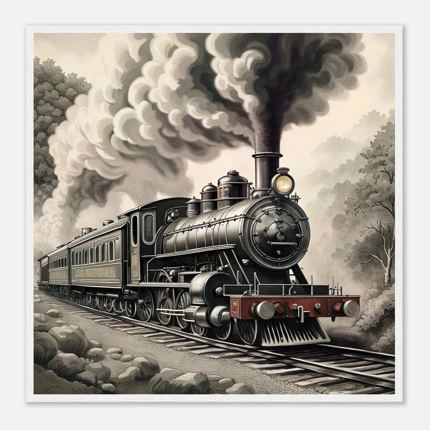 Gerahmtes Premium-Poster - Dampflokomotive - Schwarz-Weiß, KI-Kunst - RolConArt, Schwarz-Weiß mit Akzentfarben, 70x70-cm-28x28-Weißer-Rahmen