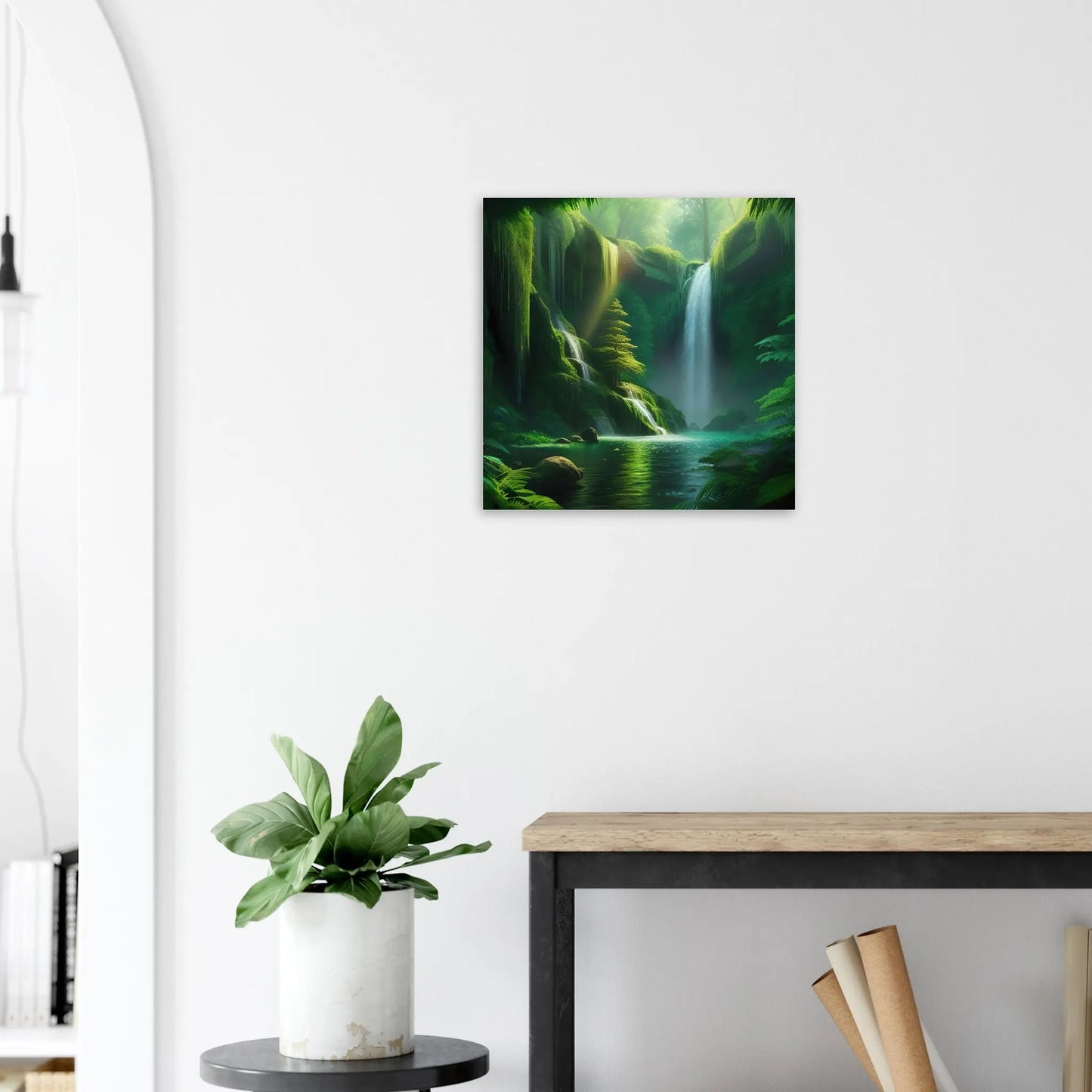 Moderner Forex-Druck - Wasserfall im Wald - Foto Stil, KI-Kunst - RolConArt, Landschaften, 50x50-cm-20x20-Schwarz