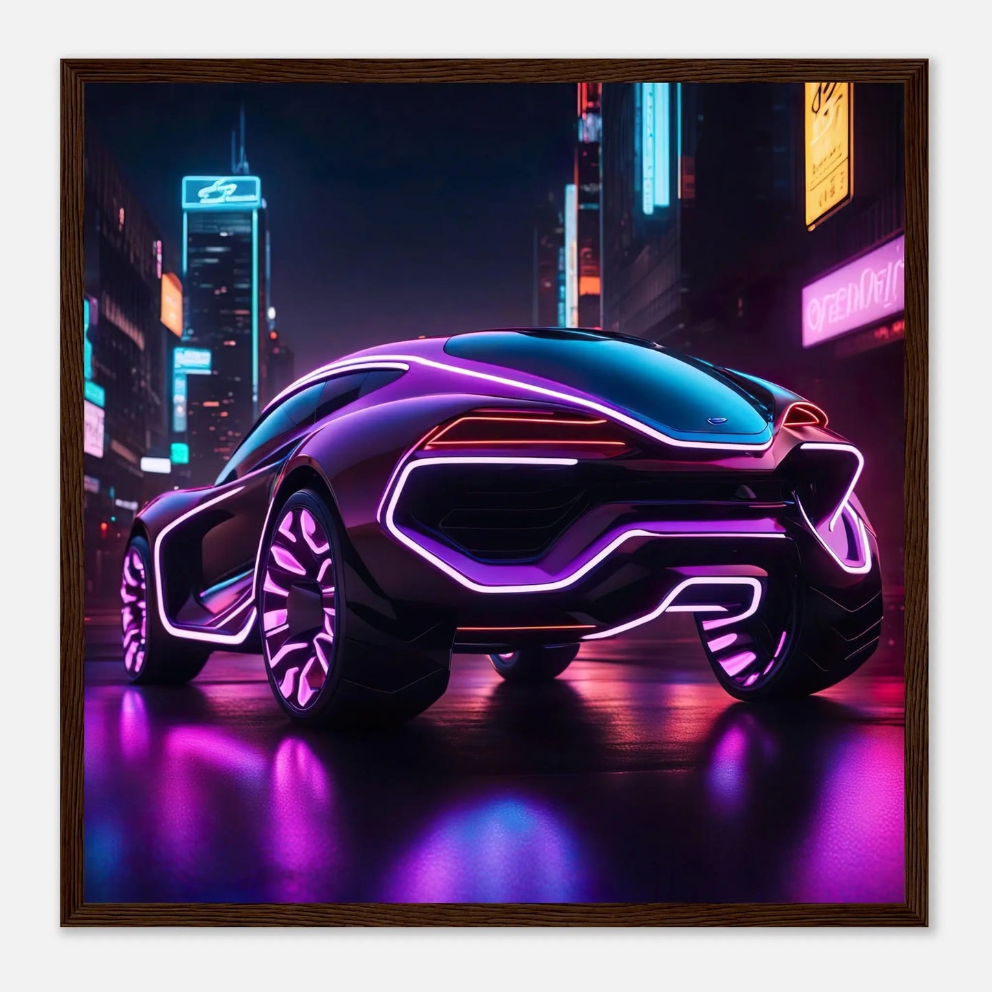 Gerahmtes Premium-Poster -Futuristisches Fahrzeug- Neon Stil, KI-Kunst - RolConArt, Neon, 50x50-cm-20x20-Dunkler-Holzrahmen