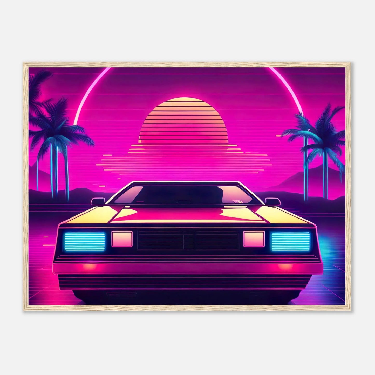 Gerahmtes Premium-Poster - Retro Auto - Neon Stil, KI-Kunst - RolConArt, Neon, 60x80-cm-24x32-Holzrahmen