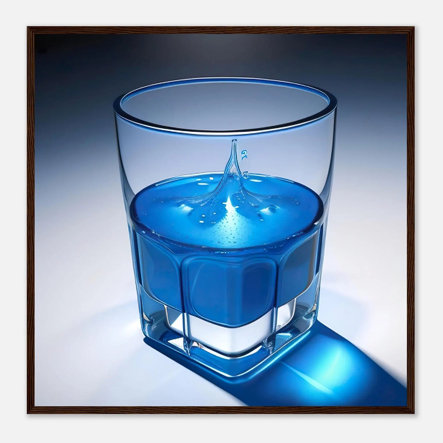 Gerahmtes Premium-Poster - Glas mit blauem Trank - Foto Stil, KI-Kunst - RolConArt, Kreative Vielfalt, 70x70-cm-28x28-Dunkler-Holzrahmen