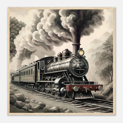 Gerahmtes Premium-Poster - Dampflokomotive - Schwarz-Weiß, KI-Kunst - RolConArt, Schwarz-Weiß mit Akzentfarben, 70x70-cm-28x28-Holzrahmen