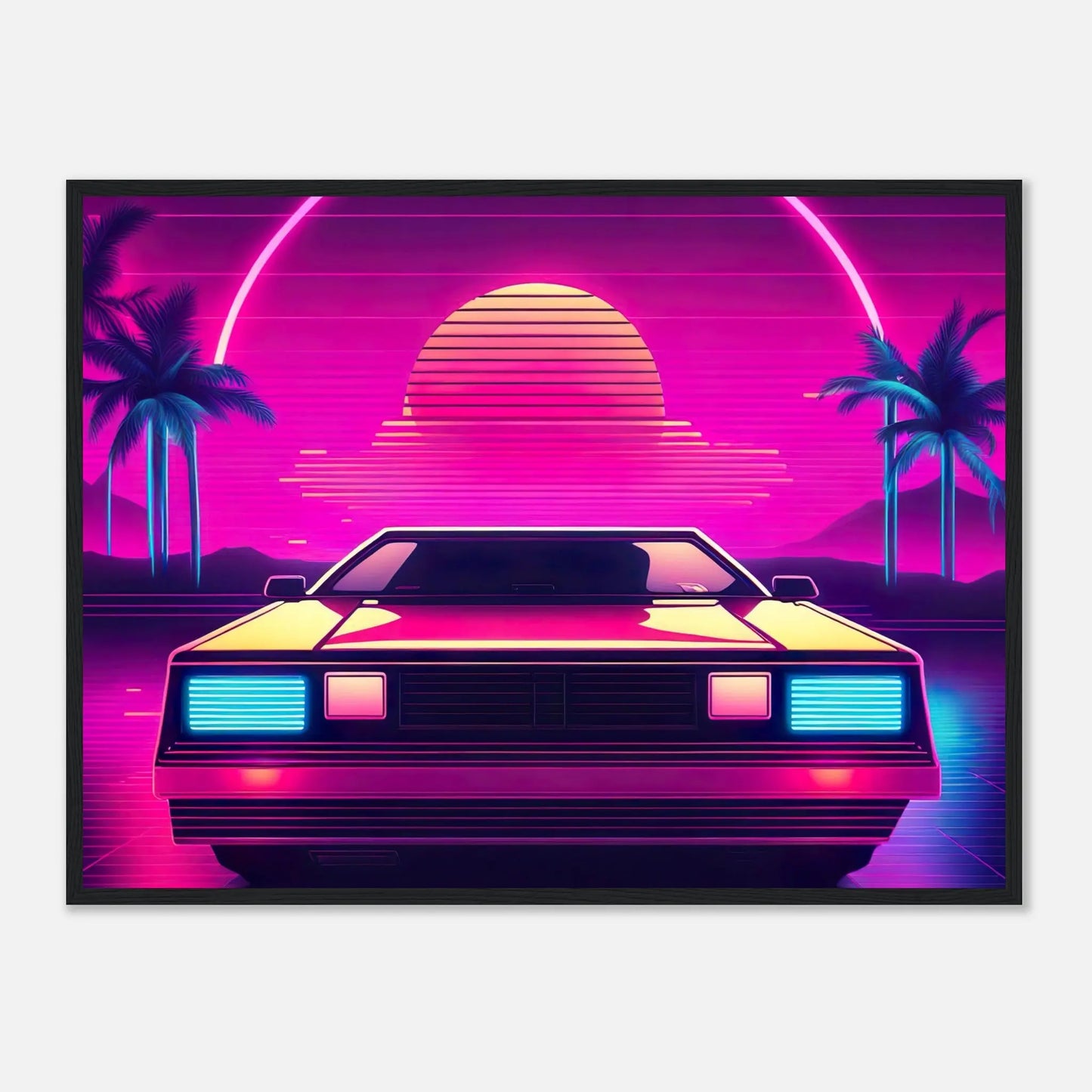 Gerahmtes Premium-Poster - Retro Auto - Neon Stil, KI-Kunst - RolConArt, Neon, 60x80-cm-24x32-Schwarzer-Rahmen