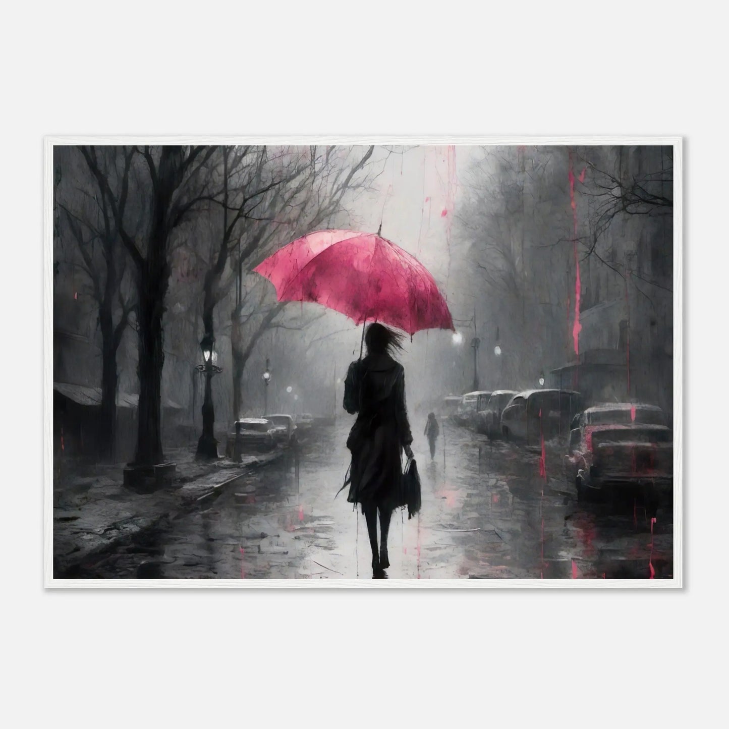 Gerahmtes Premium-Poster - Frau auf einer Straße - Schwarz-Weiß, KI-Kunst - RolConArt, Schwarz-Weiß mit Akzentfarben, 70x100-cm-28x40-Weißer-Rahmen