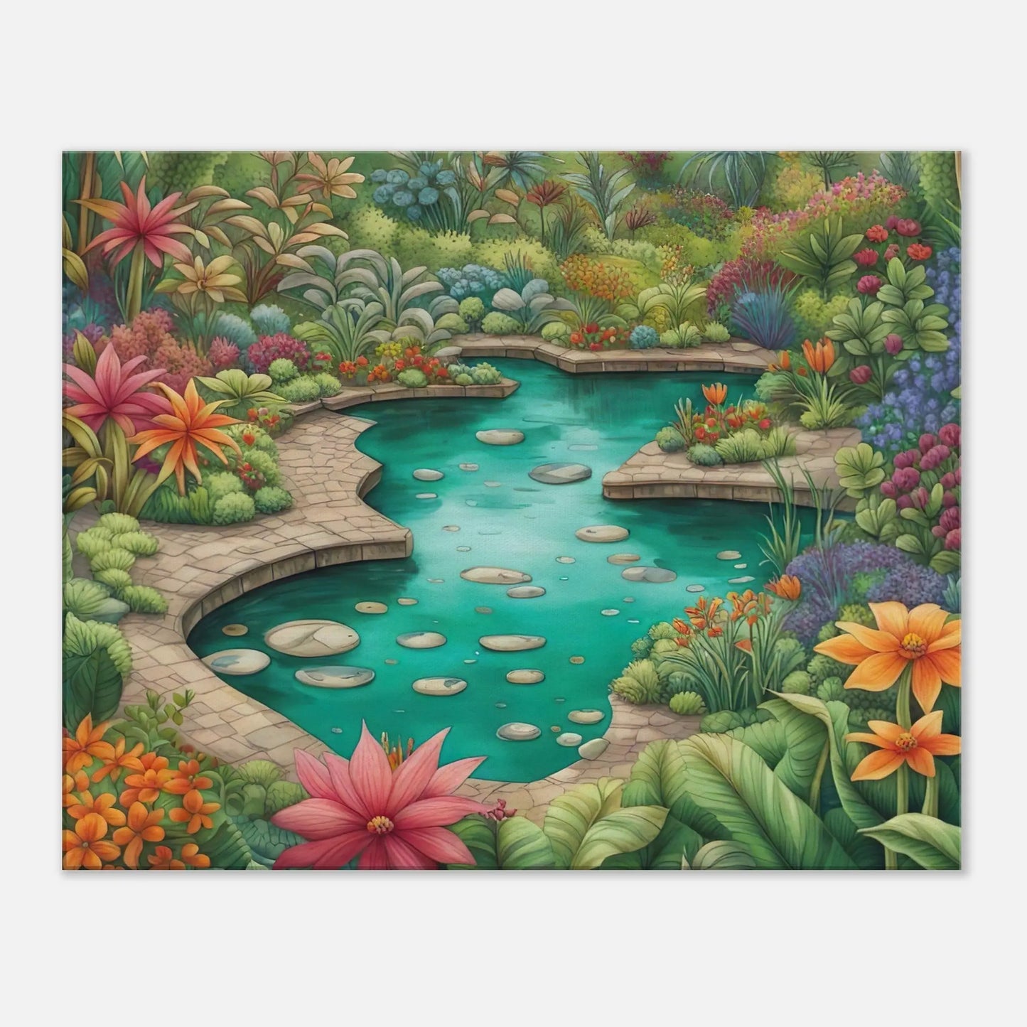 Leinwandbild - Garten mit Teich - Malerischer Stil, KI-Kunst - RolConArt, Landschaften, 60x75-cm-24x30