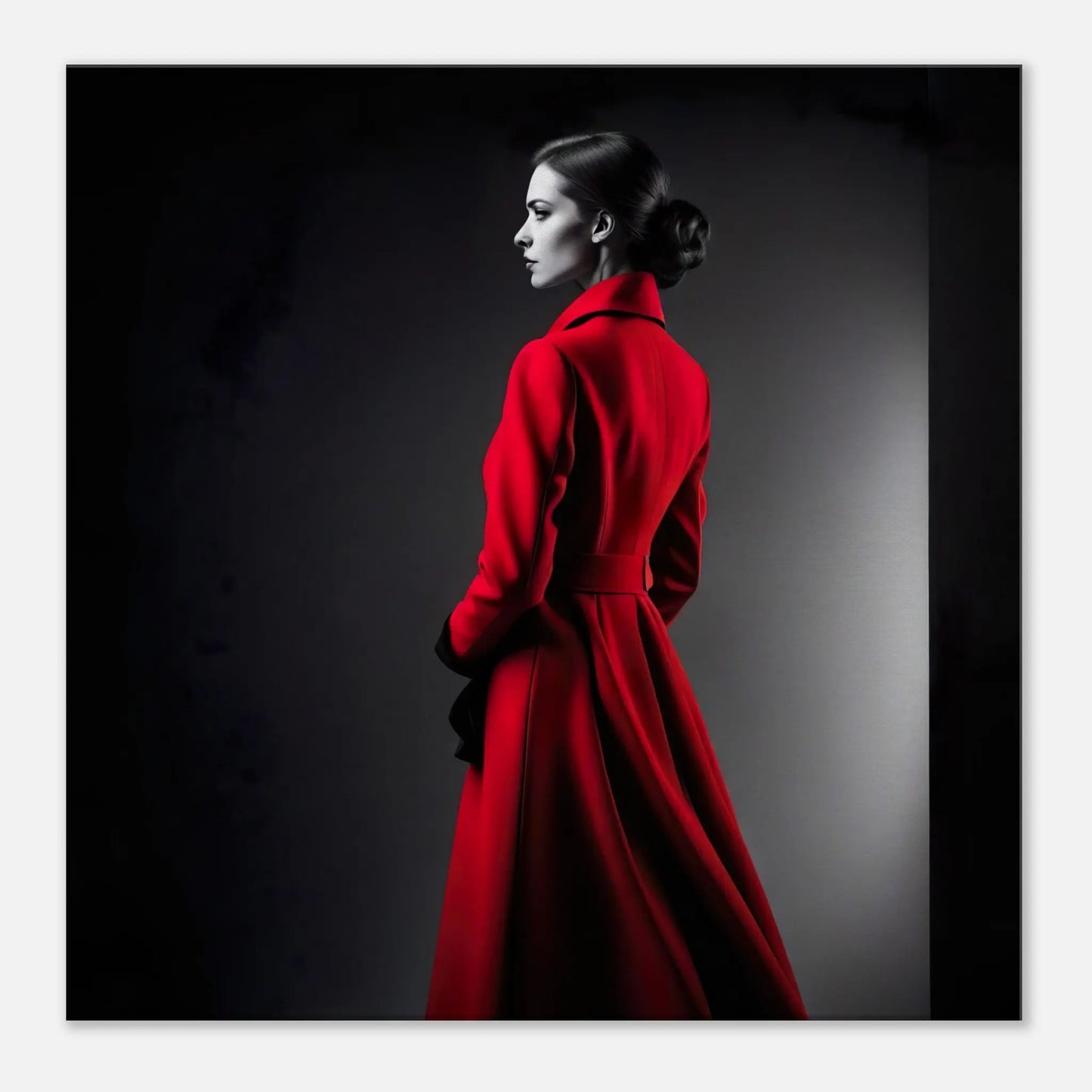 Leinwandbild - Frau im roten Mantel - Schwarz-Weiß Stil, KI-Kunst - RolConArt, Schwarz-Weiß mit Akzentfarben, 60x60-cm-24x24