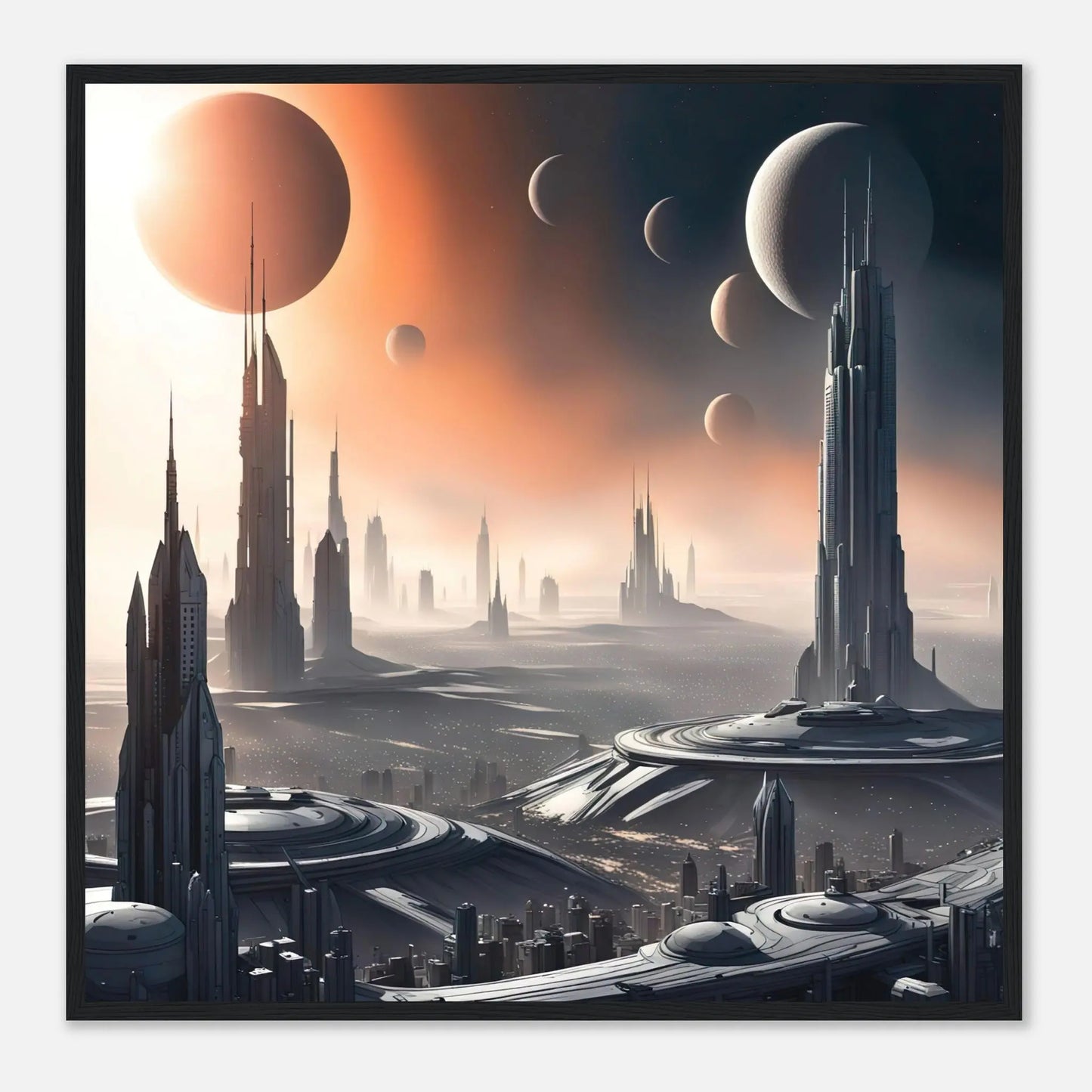 Gerahmtes Premium-Poster -Futuristische Welt- Digitaler Stil, KI-Kunst - RolConArt, Sci-Fi, 70x70-cm-28x28-Schwarzer-Rahmen