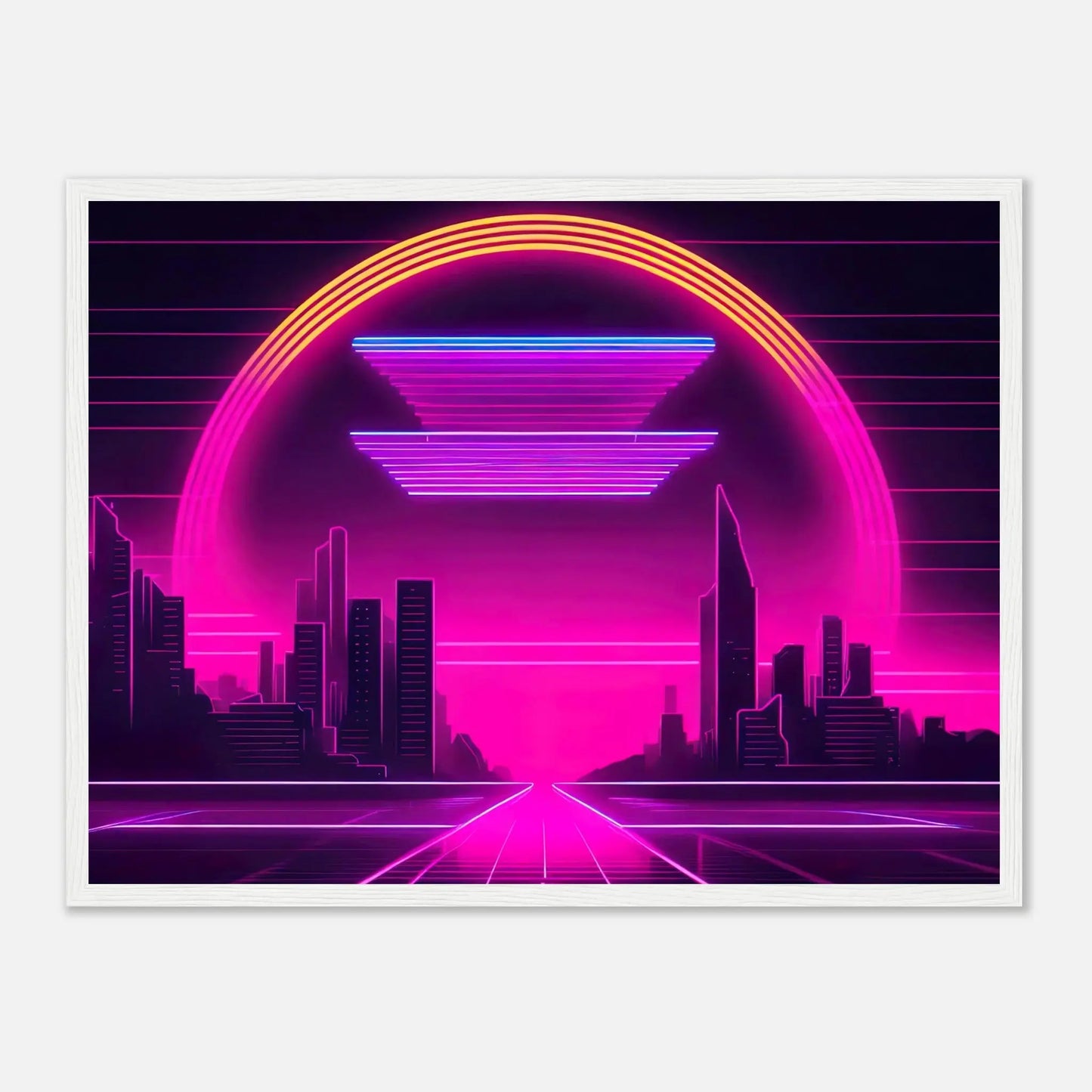 Gerahmtes Premium-Poster - Stadtlandschaft - Neon Stil, KI-Kunst - RolConArt, Neon, 45x60-cm-18x24-Weißer-Rahmen