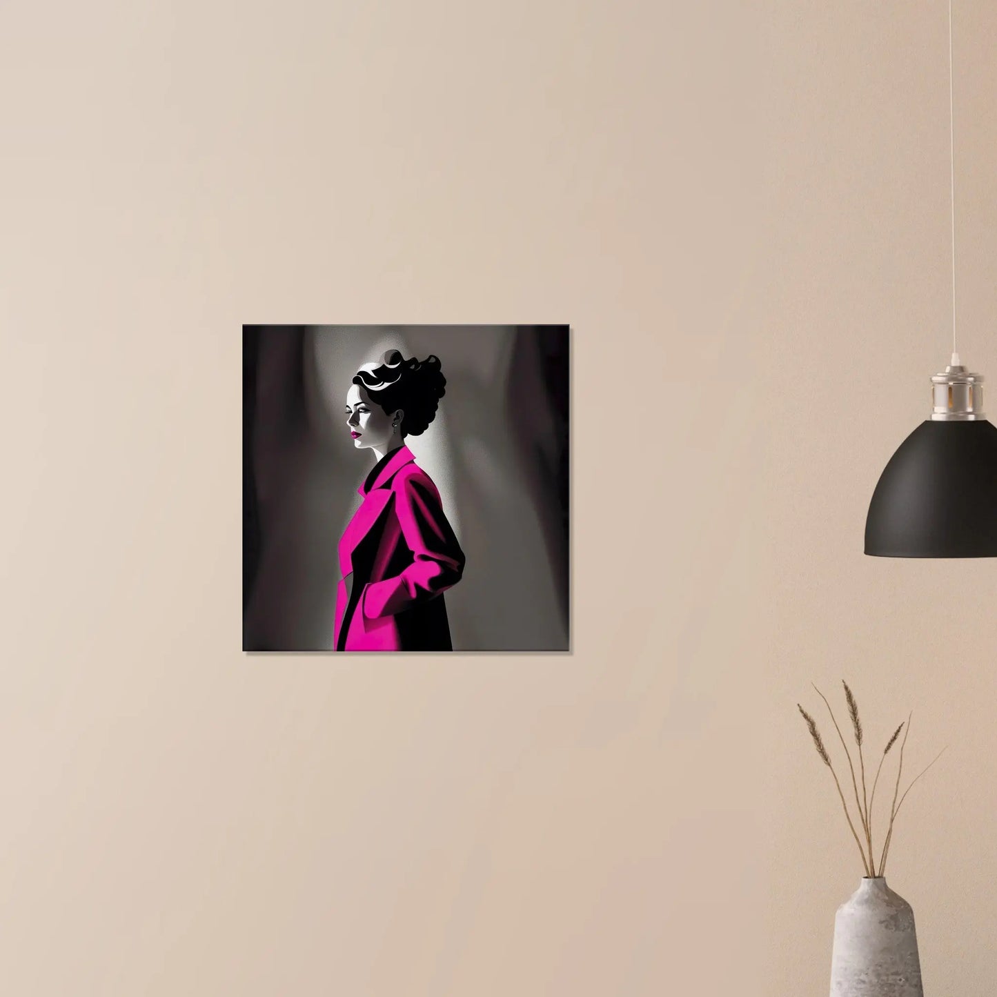 Leinwandbild - Frau im rosa Mantel - Schwarz-Weiß Stil, KI-Kunst - RolConArt, Schwarz-Weiß mit Akzentfarben, 