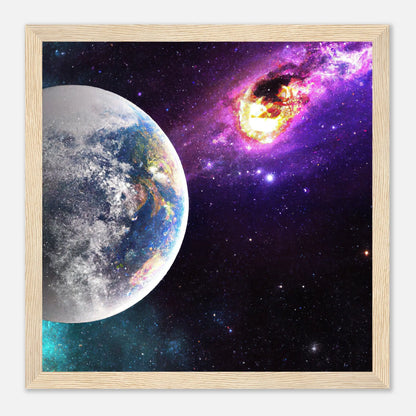 Gerahmtes Premium-Poster - Planet und Komet - Digitaler Stil, KI-Kunst - RolConArt, Sci-Fi, 30x30-cm-12x12-Holz