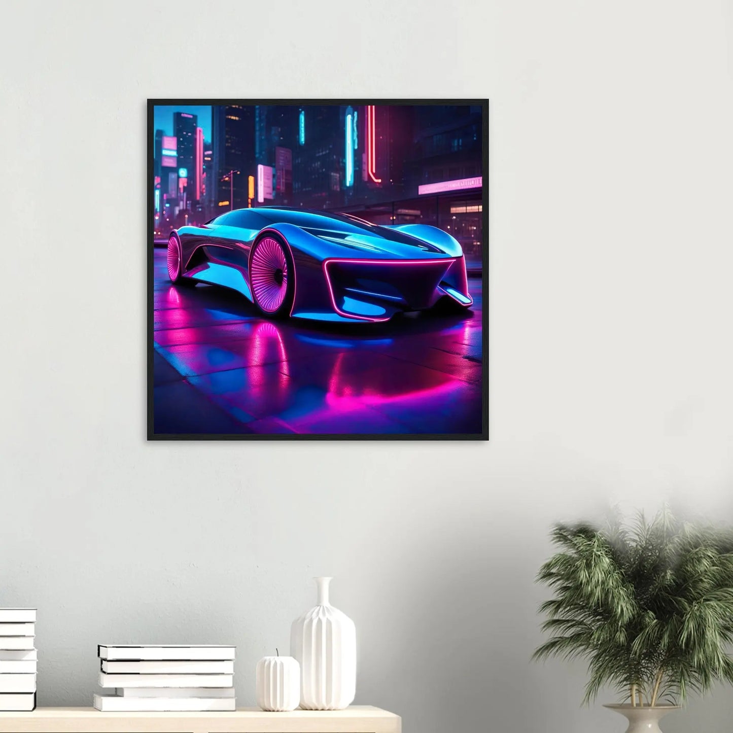 Gerahmtes Premium-Poster -Futuristisches Fahrzeug- Neon Stil, KI-Kunst - RolConArt, Neon, 