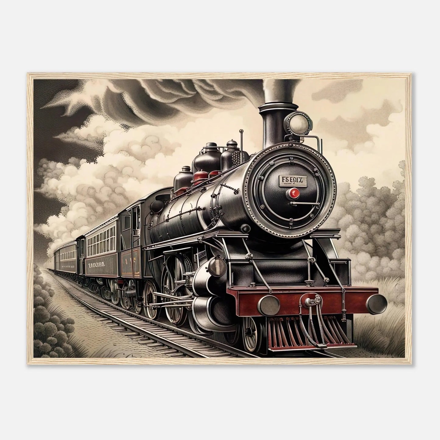 Gerahmtes Premium-Poster - Dampflokomotive - Schwarz-Weiß, KI-Kunst - RolConArt, Schwarz-Weiß mit Akzentfarben, 60x80-cm-24x32-Holzrahmen