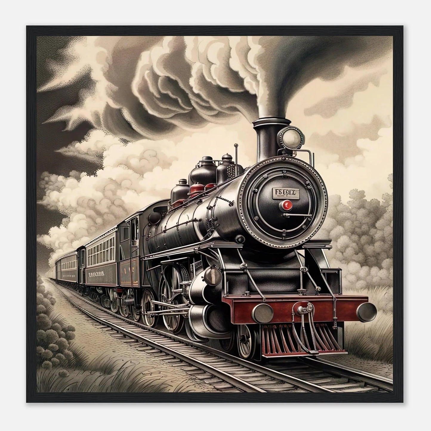 Gerahmtes Premium-Poster - Dampflokomotive - Schwarz-Weiß, KI-Kunst - RolConArt, Schwarz-Weiß mit Akzentfarben, 50x50-cm-20x20-Schwarzer-Rahmen