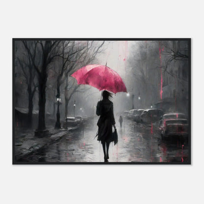 Gerahmtes Premium-Poster - Frau auf einer Straße - Schwarz-Weiß, KI-Kunst - RolConArt, Schwarz-Weiß mit Akzentfarben, 70x100-cm-28x40-Schwarzer-Rahmen