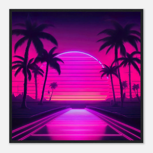 Gerahmtes Premium-Poster - Straße und Palmen - Neon Stil, KI-Kunst - RolConArt, Neon, 70x70-cm-28x28-Schwarzer-Rahmen