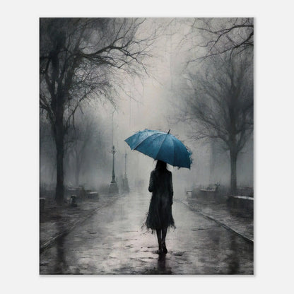 Leinwandbild -Frau mit einem blauen Regenschirm- Schwarz-Weiß, KI-Kunst - RolConArt, Schwarz-Weiß mit Akzentfarben, 50x60-cm-20x24