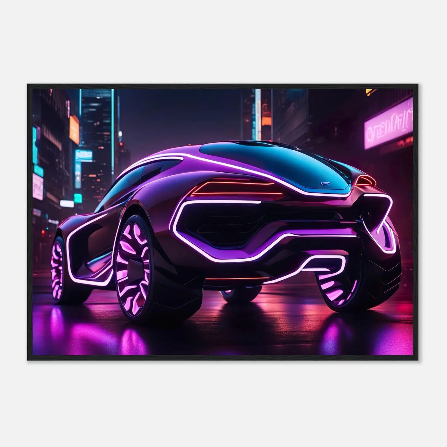 Gerahmtes Premium-Poster -Futuristisches Fahrzeug- Neon Stil, KI-Kunst - RolConArt, Neon, 70x100-cm-28x40-Schwarzer-Rahmen