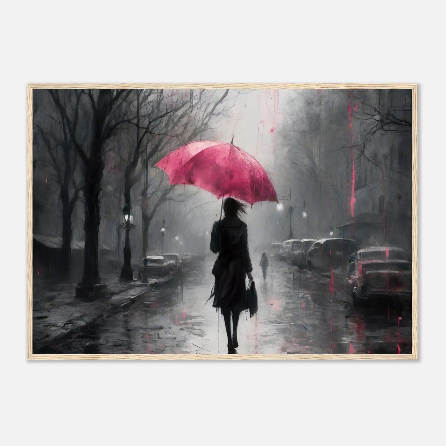 Gerahmtes Premium-Poster - Frau auf einer Straße - Schwarz-Weiß, KI-Kunst - RolConArt, Schwarz-Weiß mit Akzentfarben, 70x100-cm-28x40-Holzrahmen