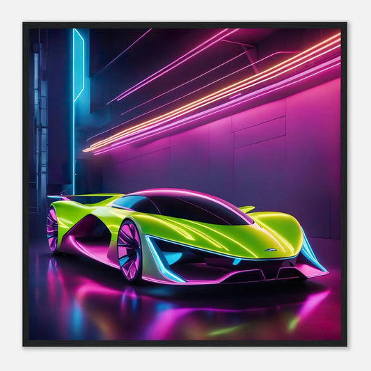 Gerahmtes Premium-Poster -Futuristisches Fahrzeug- Neon Stil, KI-Kunst - RolConArt, Neon, 70x70-cm-28x28-Schwarzer-Rahmen