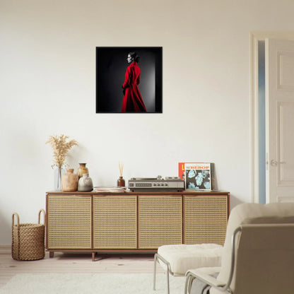 Gerahmtes Premium-Poster - Frau im roten Mantel - Schwarz-Weiß, KI-Kunst - RolConArt, Schwarz-Weiß mit Akzentfarben, 