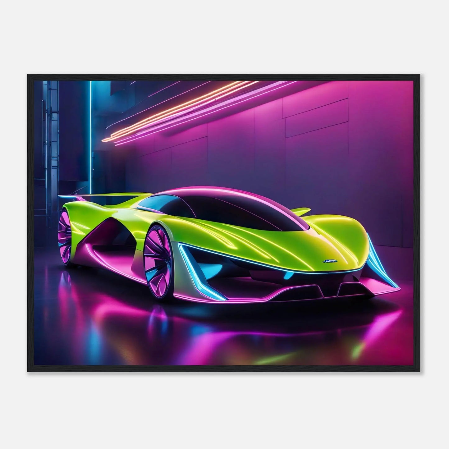 Gerahmtes Premium-Poster -Futuristisches Fahrzeug- Neon Stil, KI-Kunst - RolConArt, Neon, 60x80-cm-24x32-Schwarzer-Rahmen