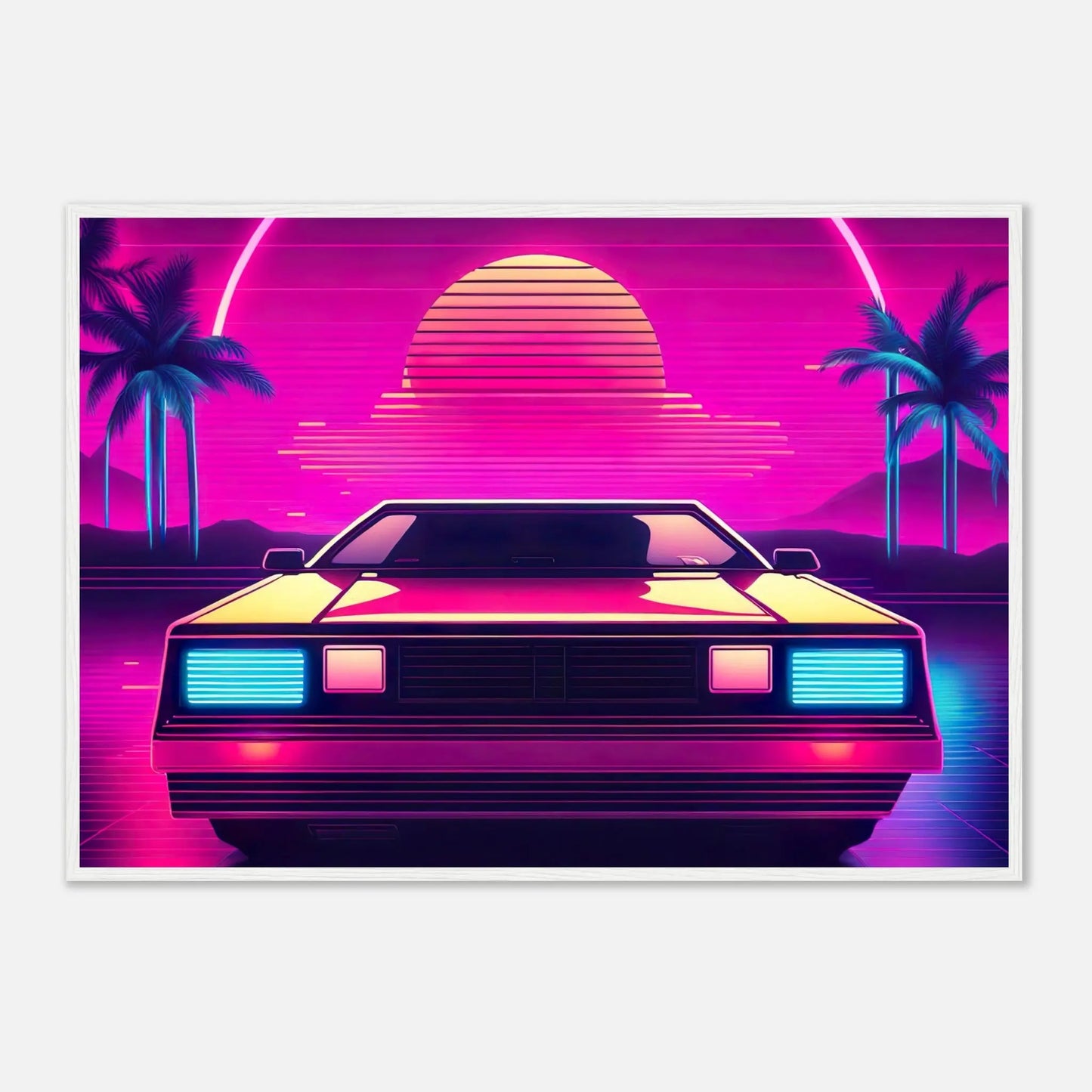 Gerahmtes Premium-Poster - Retro Auto - Neon Stil, KI-Kunst - RolConArt, Neon, 70x100-cm-28x40-Weißer-Rahmen