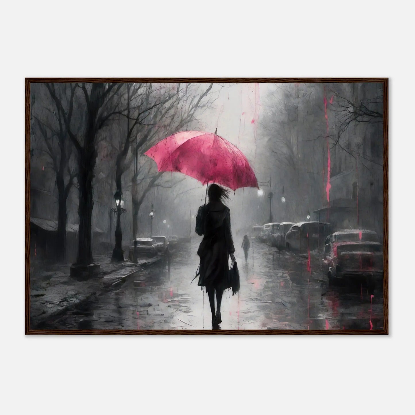 Gerahmtes Premium-Poster - Frau auf einer Straße - Schwarz-Weiß, KI-Kunst - RolConArt, Schwarz-Weiß mit Akzentfarben, 70x100-cm-28x40-Dunkler-Holzrahmen