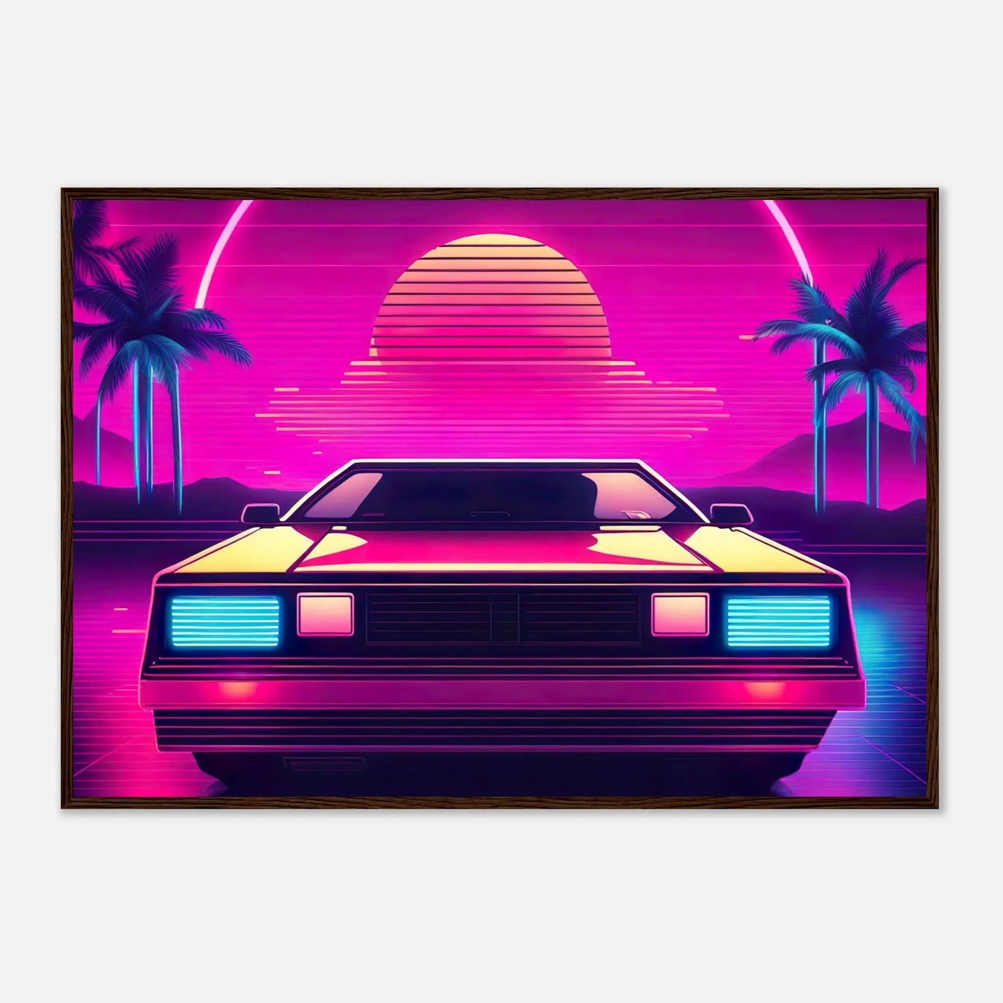 Gerahmtes Premium-Poster - Retro Auto - Neon Stil, KI-Kunst - RolConArt, Neon, 70x100-cm-28x40-Dunkler-Holzrahmen