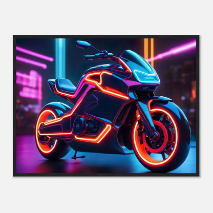 Gerahmtes Premium-Poster -Futuristisches Motorrad- Neon Stil, KI-Kunst - RolConArt, Neon, 60x80-cm-24x32-Schwarzer-Rahmen