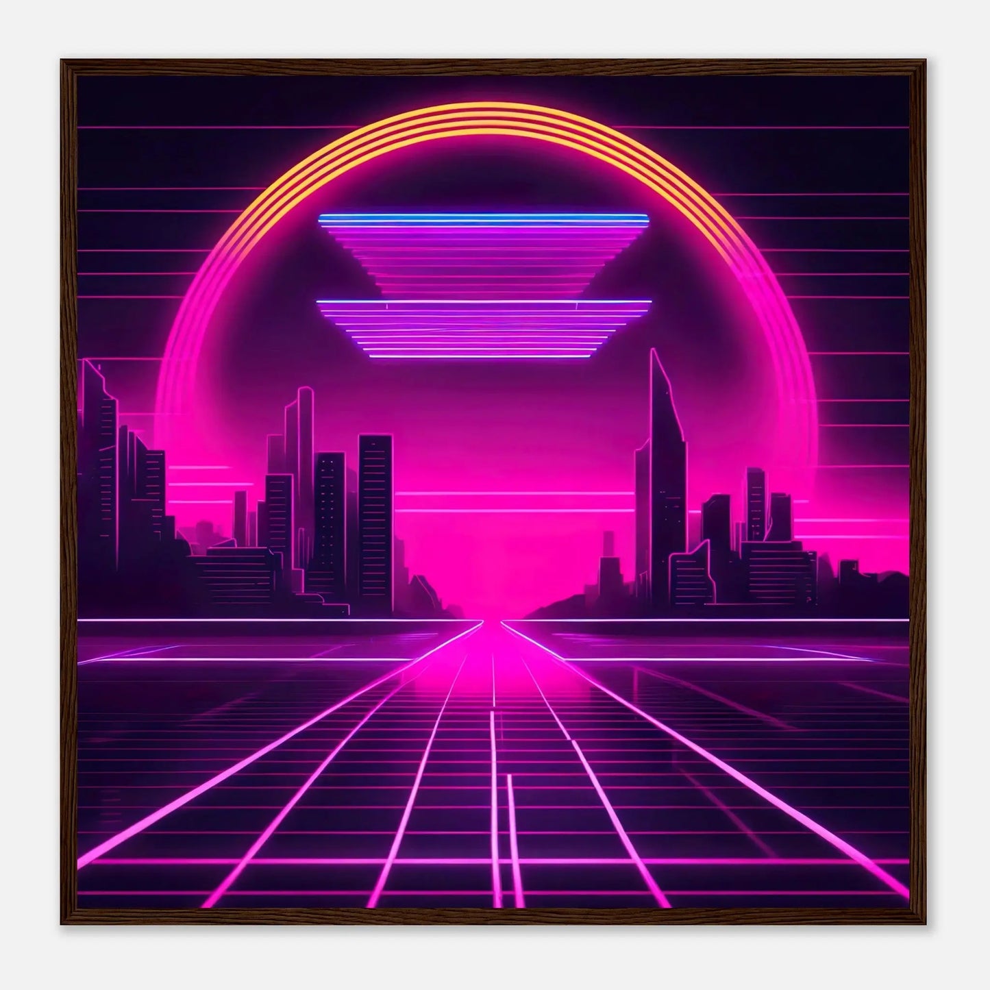 Gerahmtes Premium-Poster - Stadtlandschaft - Neon Stil, KI-Kunst - RolConArt, Neon, 70x70-cm-28x28-Dunkler-Holzrahmen