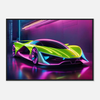 Gerahmtes Premium-Poster -Futuristisches Fahrzeug- Neon Stil, KI-Kunst - RolConArt, Neon, 70x100-cm-28x40-Schwarzer-Rahmen