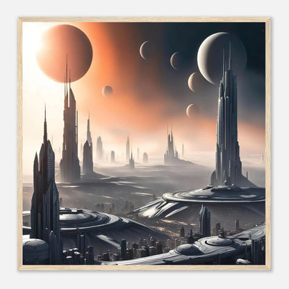 Gerahmtes Premium-Poster -Futuristische Welt- Digitaler Stil, KI-Kunst - RolConArt, Sci-Fi, 70x70-cm-28x28-Holzrahmen