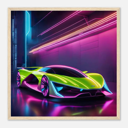 Gerahmtes Premium-Poster -Futuristisches Fahrzeug- Neon Stil, KI-Kunst - RolConArt, Neon, 50x50-cm-20x20-Holzrahmen