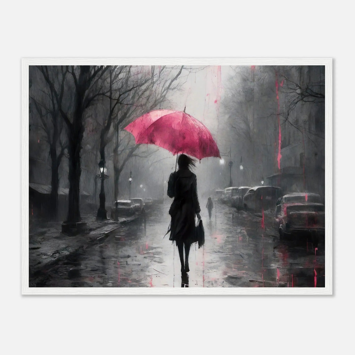 Gerahmtes Premium-Poster - Frau auf einer Straße - Schwarz-Weiß, KI-Kunst - RolConArt, Schwarz-Weiß mit Akzentfarben, 45x60-cm-18x24-Weißer-Rahmen