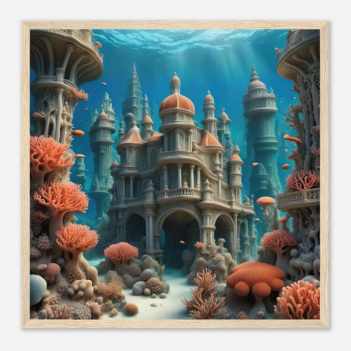 Gerahmtes Premium-Poster - Unterwasserwelt - Digitaler Stil, KI-Kunst - RolConArt, Unterwasserlandschaften, 50x50-cm-20x20-Holzrahmen